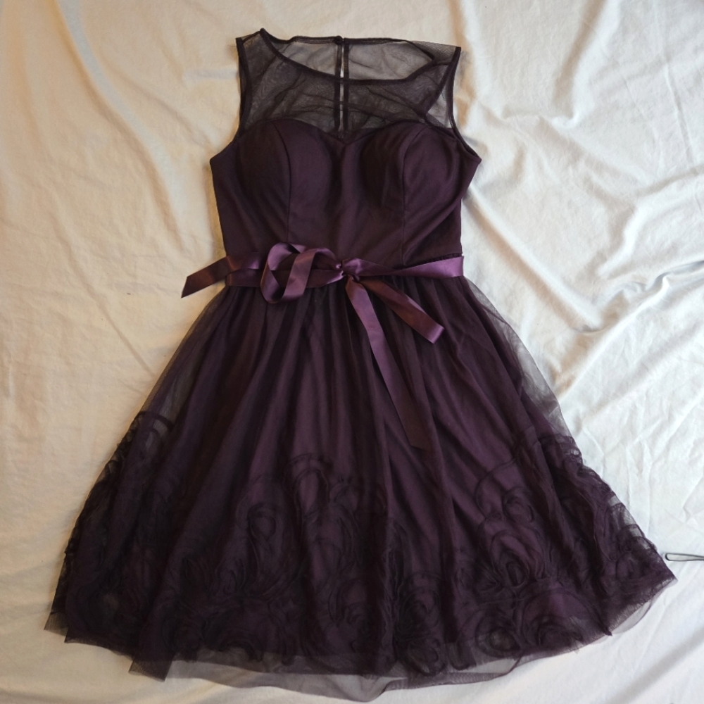 Eliza J Eggplant Purple Sleeveless Rosette Mesh Overlay Midi Dress Bow Accent